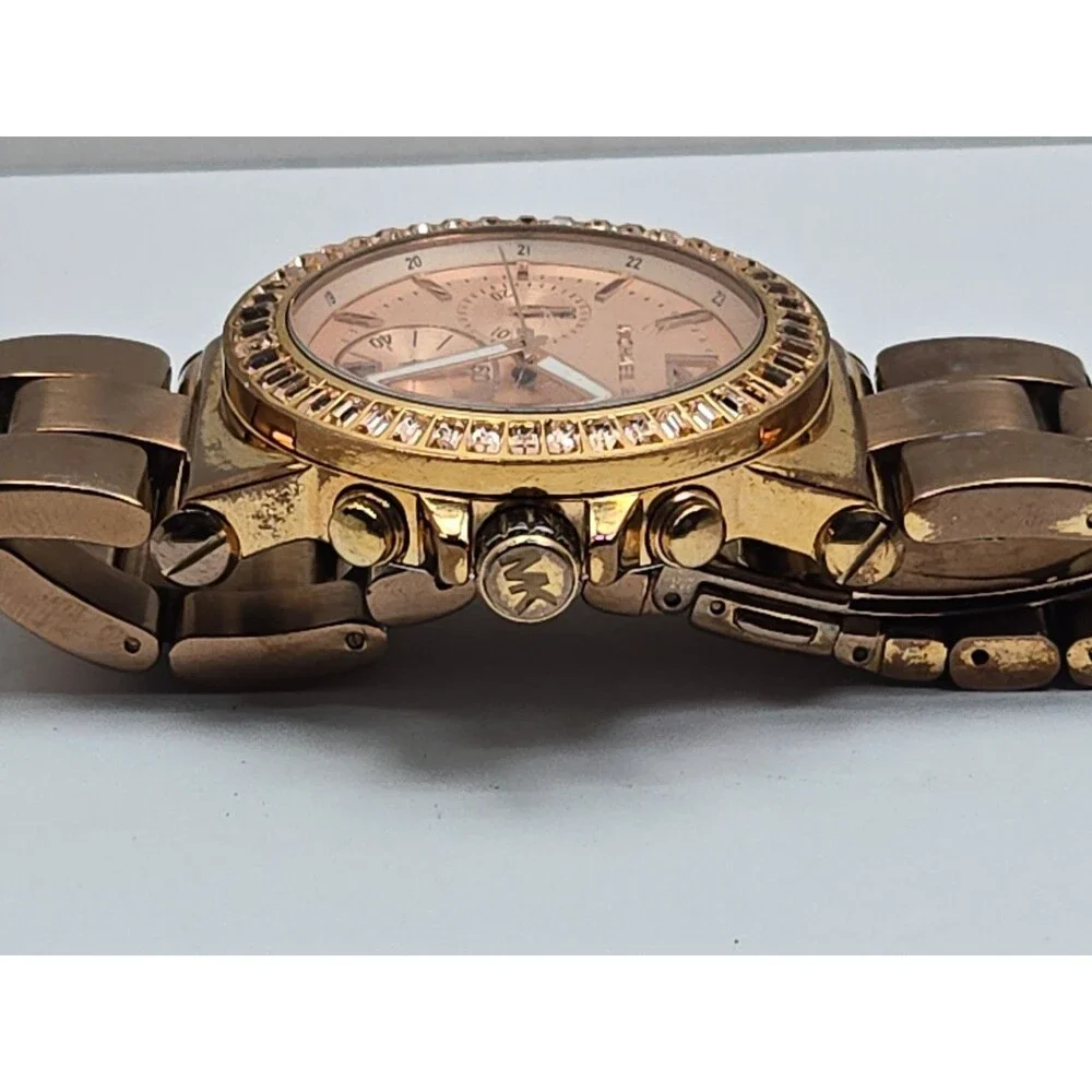 Michael Kors Dylan Womens Rose Gold Baguette Bezel Chronograph Watch New Battery
